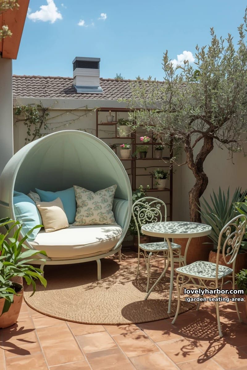 unique garden seating areas with various furniture, pergola, and lush greenery 1