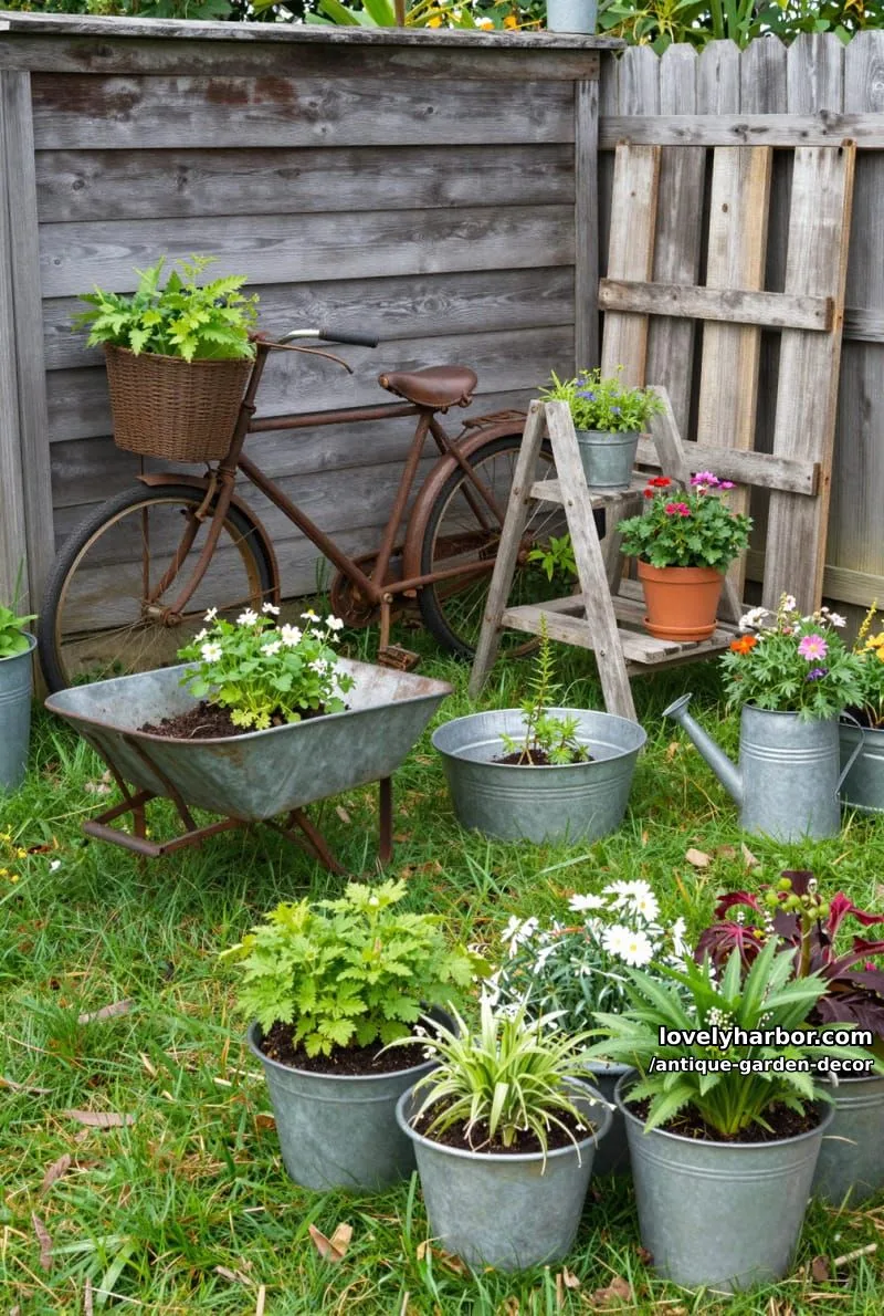 20 Antique Garden Decor Ideas for an Extraordinary Look 38 upcycled garden: bicycle, wheelbarrow, ladder, and metal tubs as planters. 1