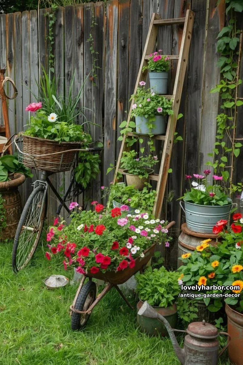 20 Antique Garden Decor Ideas for an Extraordinary Look 39 upcycled garden: bicycle, wheelbarrow, ladder, and metal tubs as planters. 1