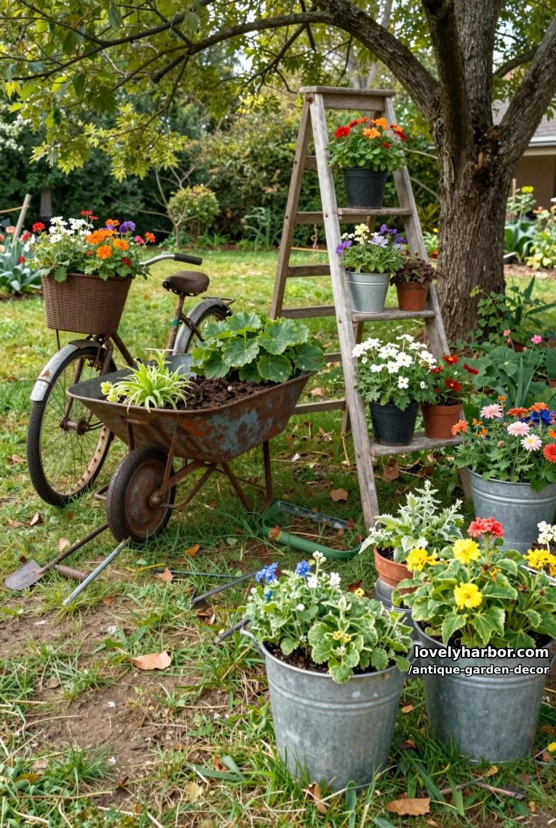 20 Antique Garden Decor Ideas for an Extraordinary Look 40 upcycled garden: bicycle, wheelbarrow, ladder, and metal tubs as planters. 1