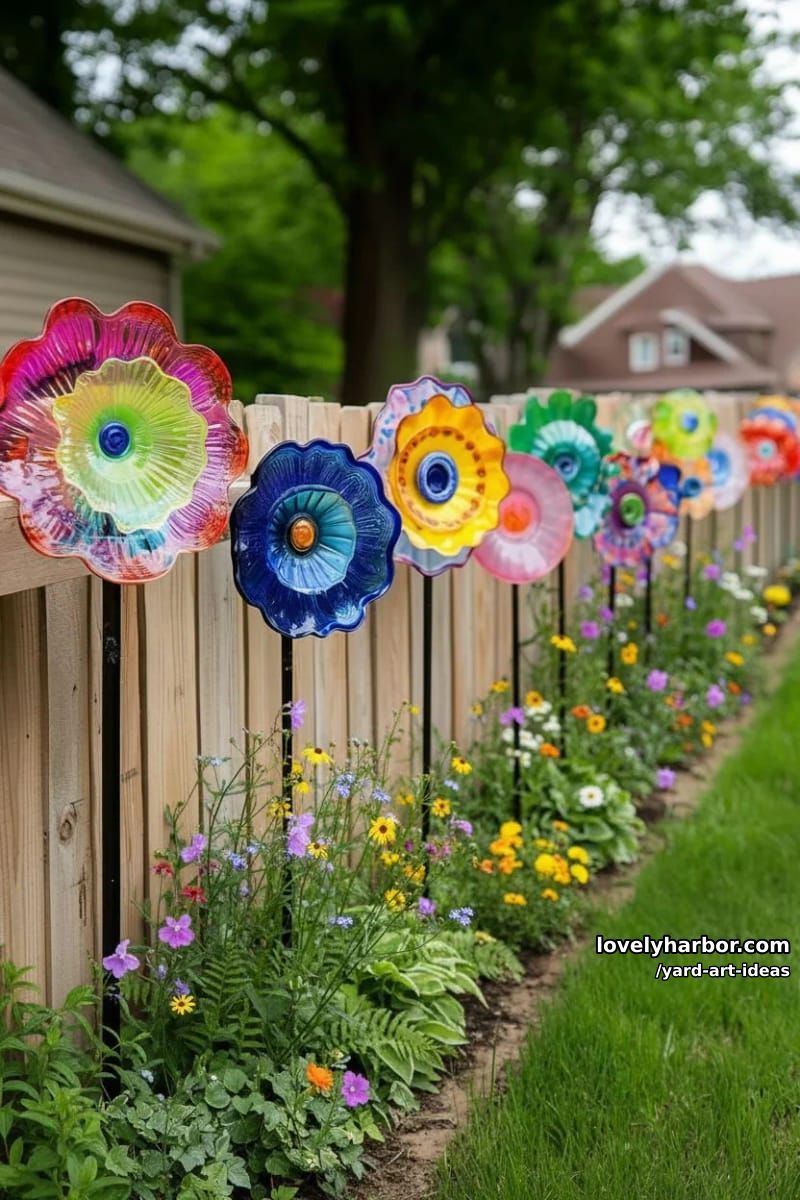upcycled glass plate flowers on metal rods along a rustic fence. 1