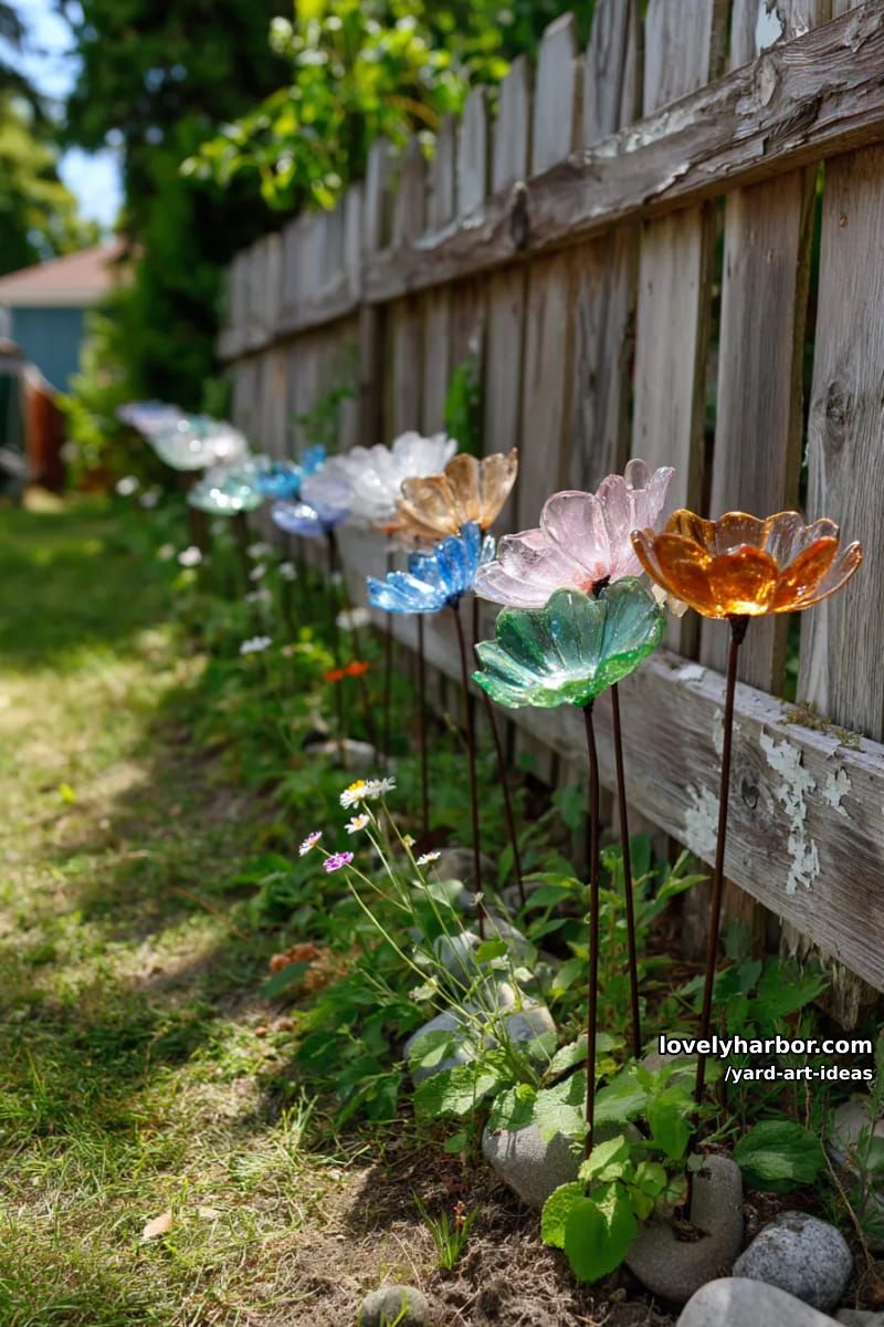 upcycled glass plate flowers on metal rods along a rustic fence. 1