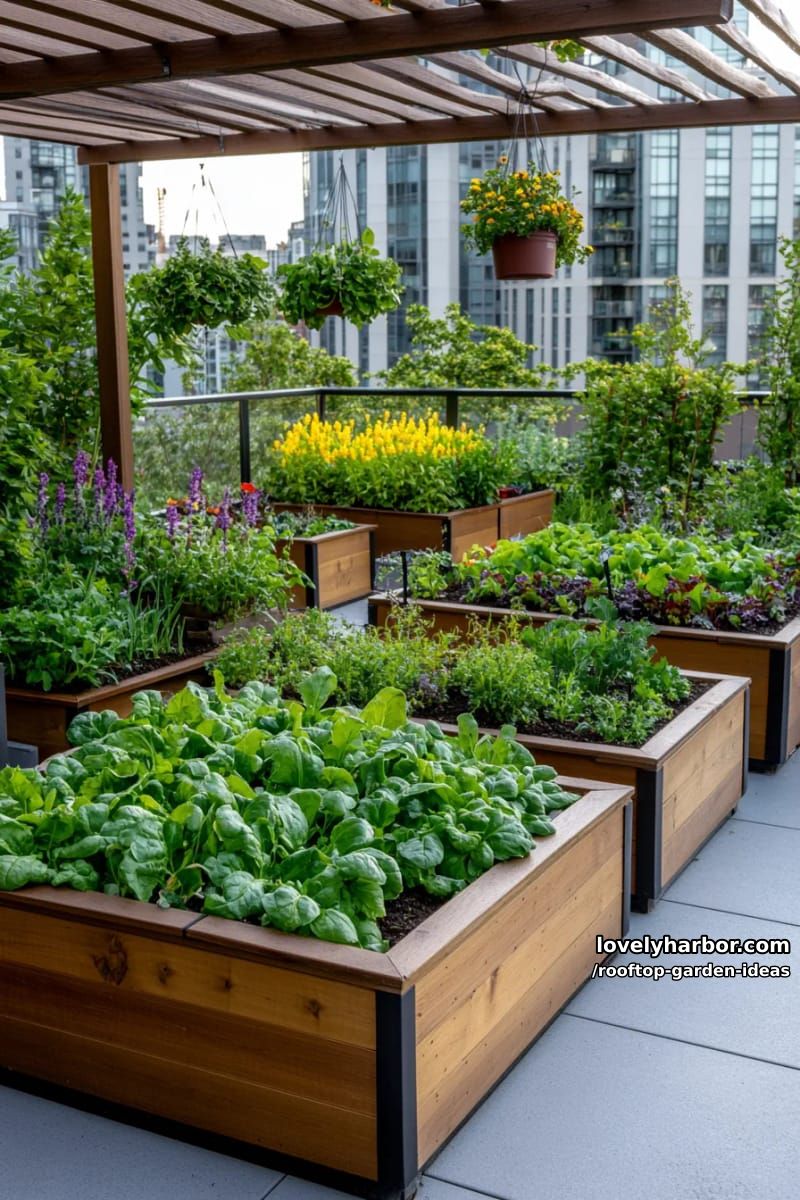 urban rooftop garden with raised vegetable beds, vertical planters, and pergola. 1