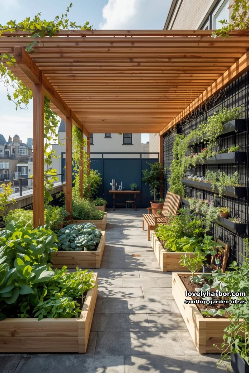 urban rooftop garden with raised vegetable beds, vertical planters, and pergola. 1