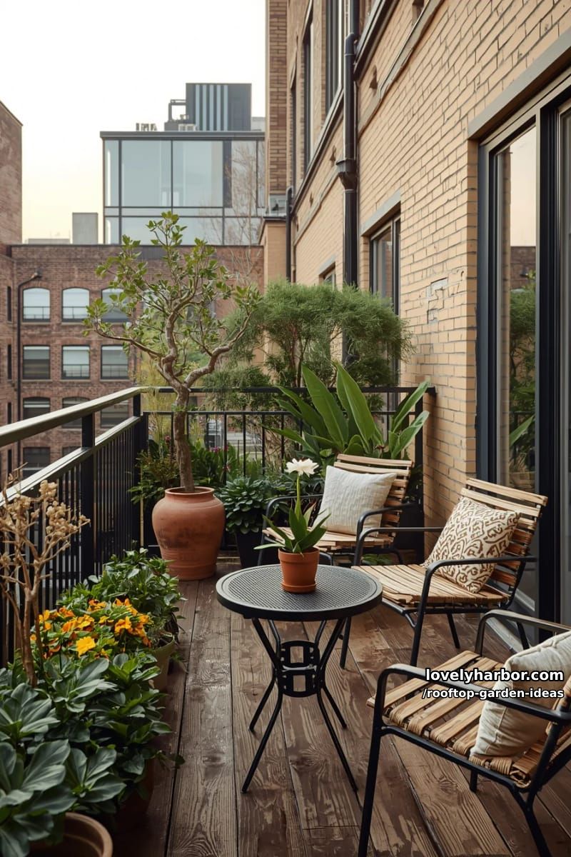 urban rooftop terrace with wooden deck, lush plants, small round table, and chairs. 1