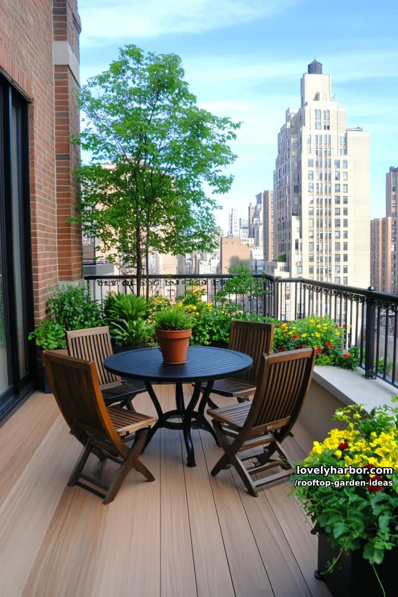 urban rooftop terrace with wooden deck, lush plants, small round table, and chairs. 1