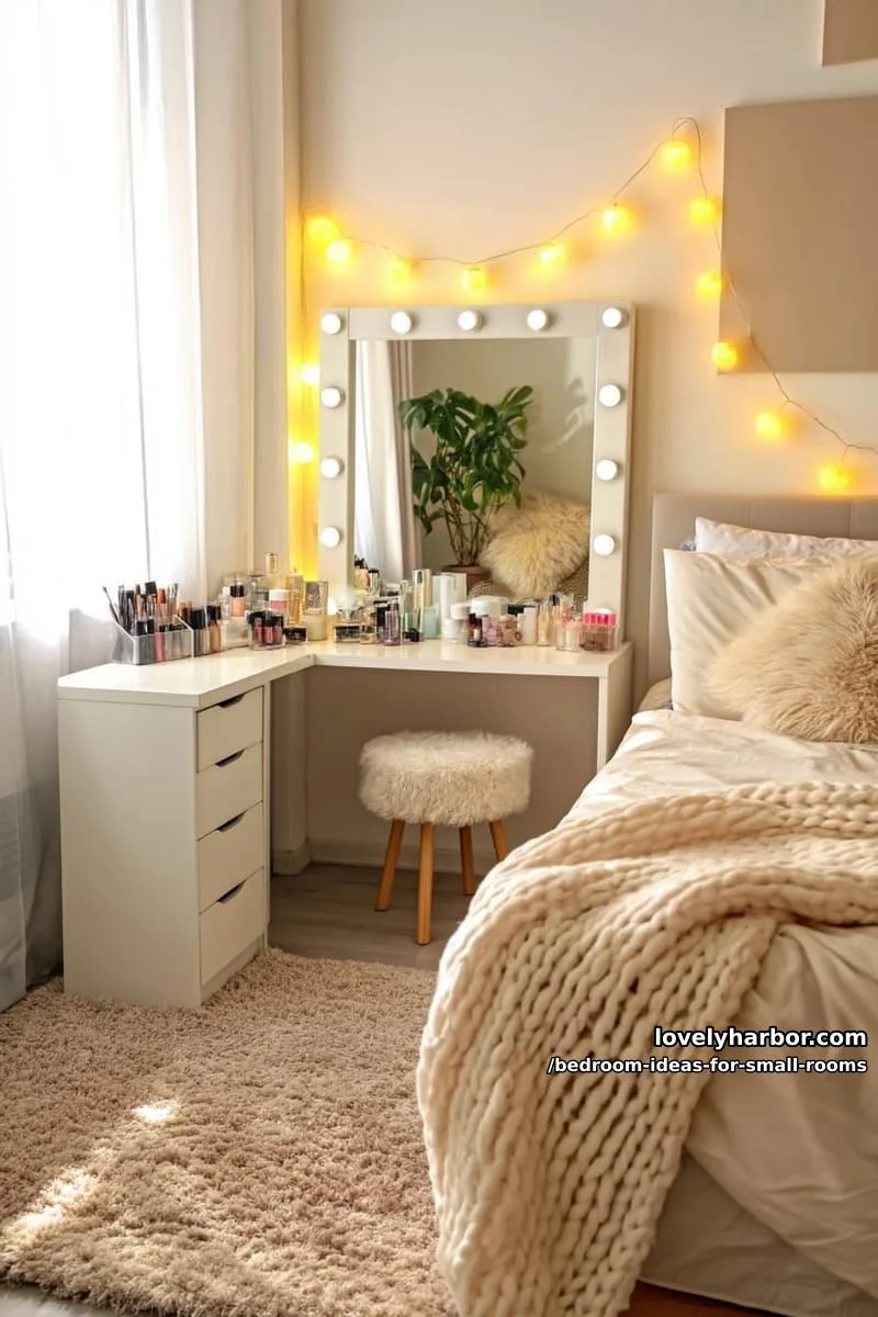 23 Unique Bedroom Ideas for Small Rooms 24 vanity desk corner with mirror lights, cozy bed, and neutral decor. 1