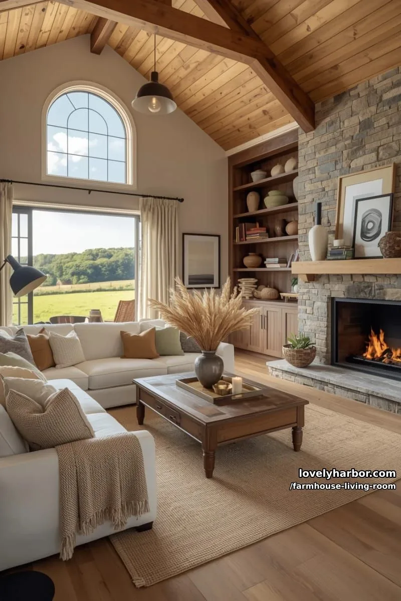 vaulted ceiling living room with countryside view, fireplace, white sectional, and rustic decor. 1