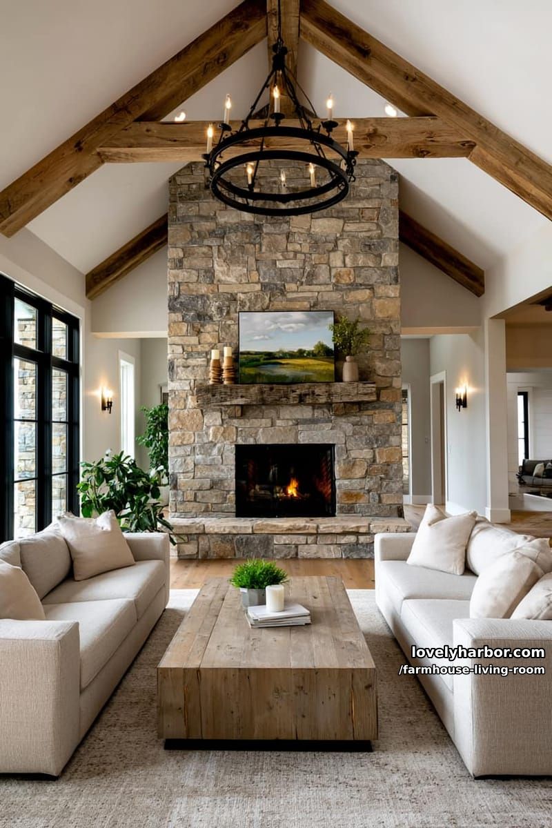 vaulted ceiling living room with stone fireplace, beige sofas, wood coffee table, and large windows. 1
