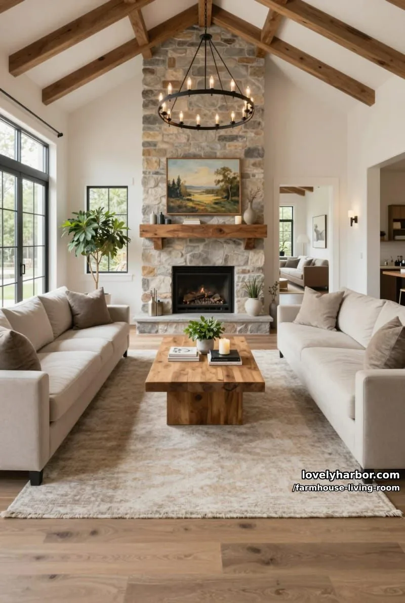 vaulted ceiling living room with stone fireplace, beige sofas, wood coffee table, and large windows. 1