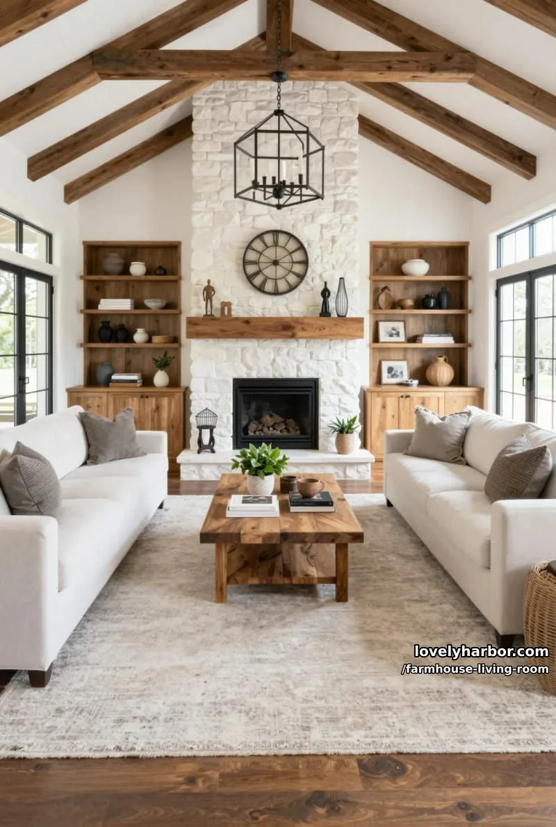 vaulted ceiling living room with white shiplap, stone fireplace, off-white sofas, and metal chandelier. 1