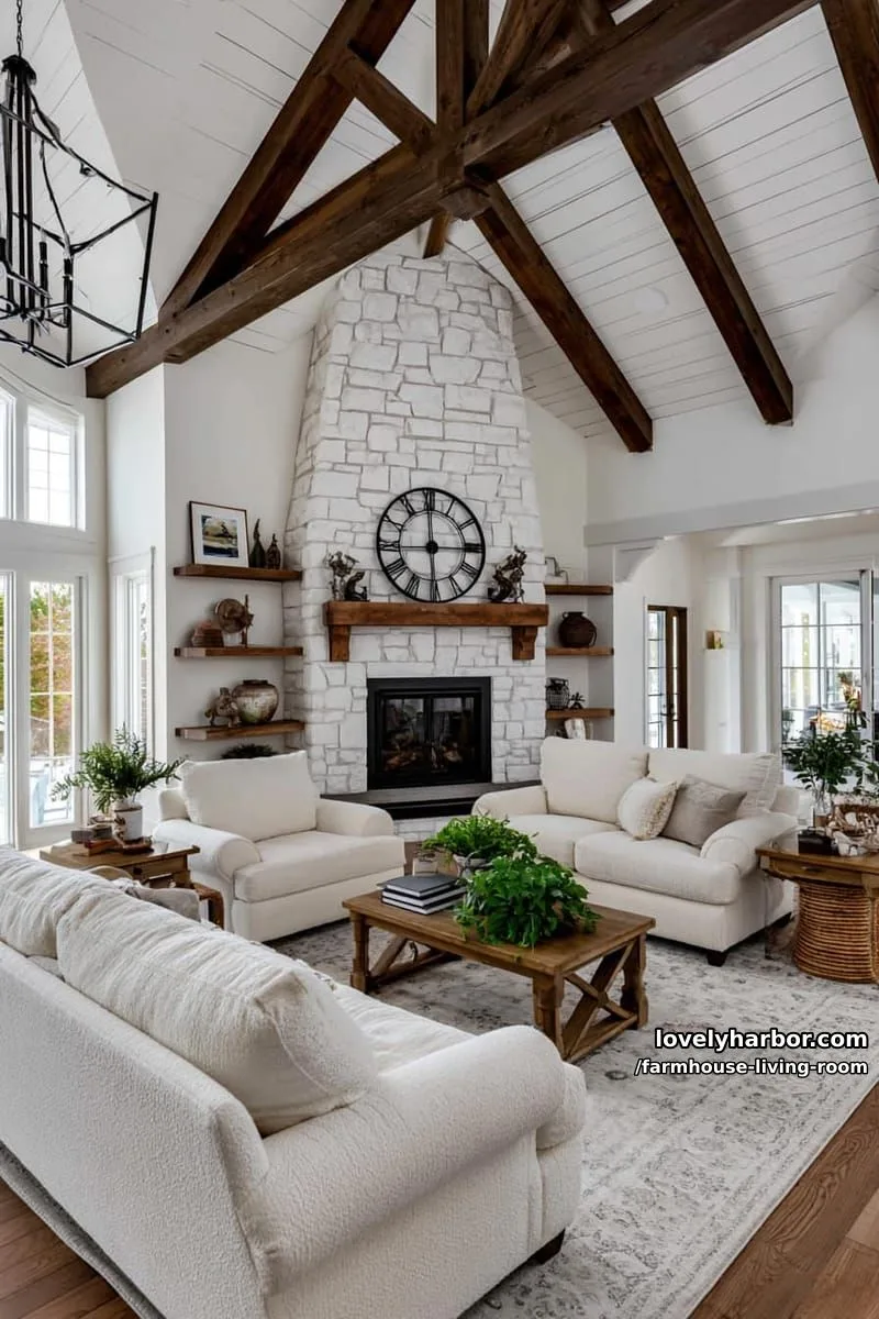 vaulted ceiling living room with white shiplap, stone fireplace, off-white sofas, and metal chandelier. 1