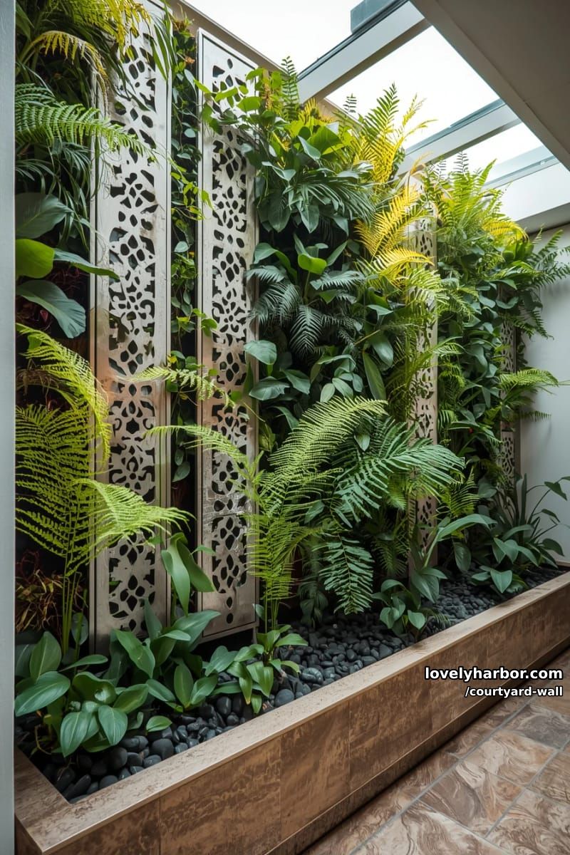 vertical indoor garden with metal panels and lush green plants 1