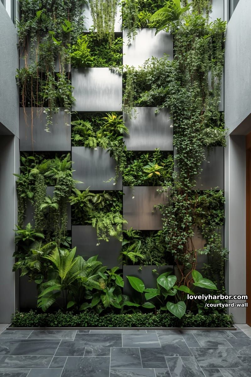 vertical indoor garden with metal panels and lush green plants 1