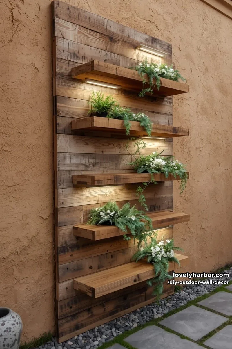20 Easy DIY Outdoor Wall Decor Ideas You'll Love 10 vertical pallet wall with floating illuminated shelves and artificial green plants 1