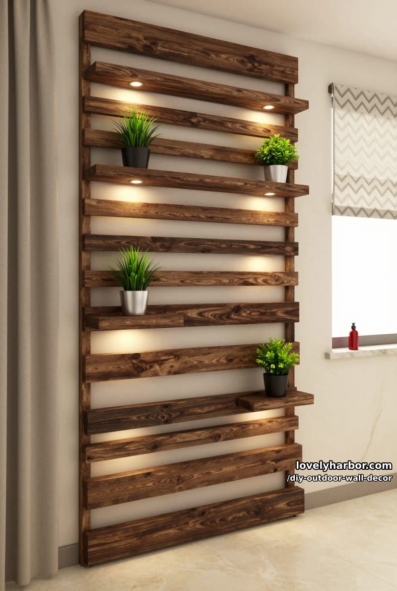 vertical pallet wall with floating illuminated shelves and artificial green plants 1