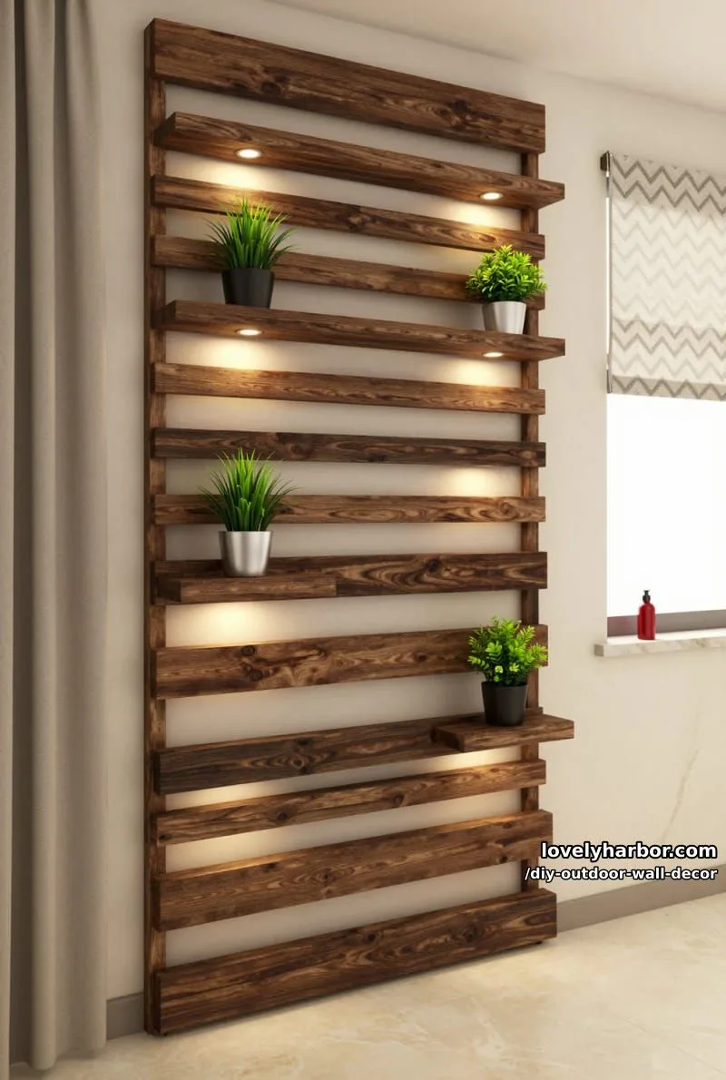 20 Easy DIY Outdoor Wall Decor Ideas You'll Love 9 vertical pallet wall with floating illuminated shelves and artificial green plants 1