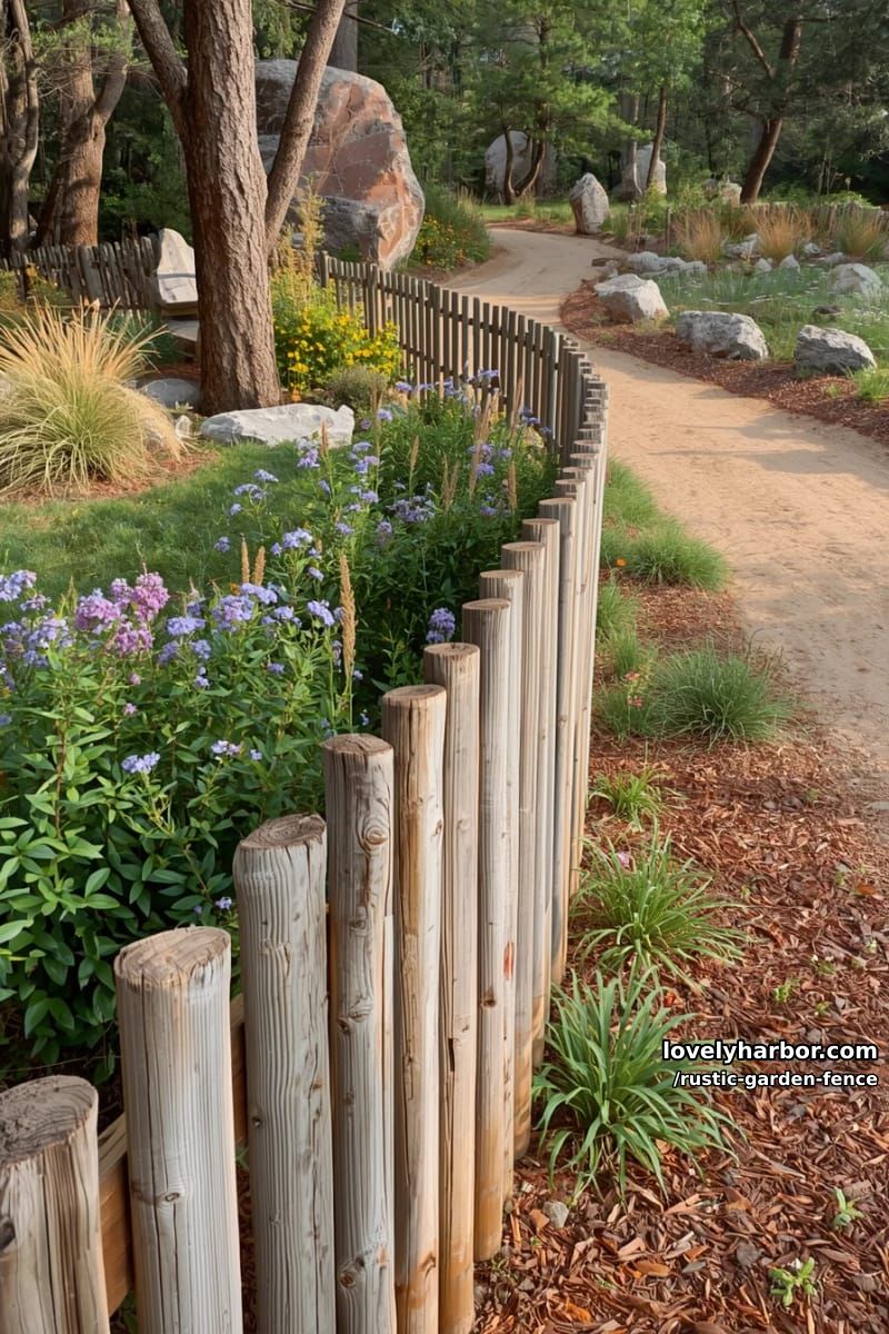 vertical stick fence with blooming shrubs, rocks, and mulch path. 1