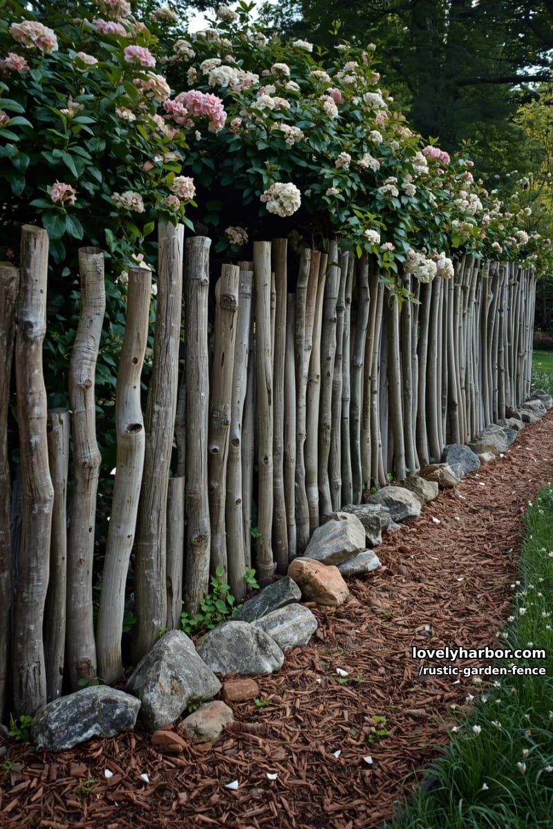 vertical stick fence with blooming shrubs, rocks, and mulch path. 1