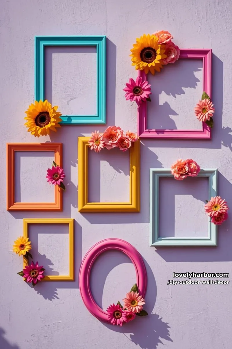 20 Easy DIY Outdoor Wall Decor Ideas You'll Love 11 vibrant empty frames and artificial flowers arranged on a lavender wall 1