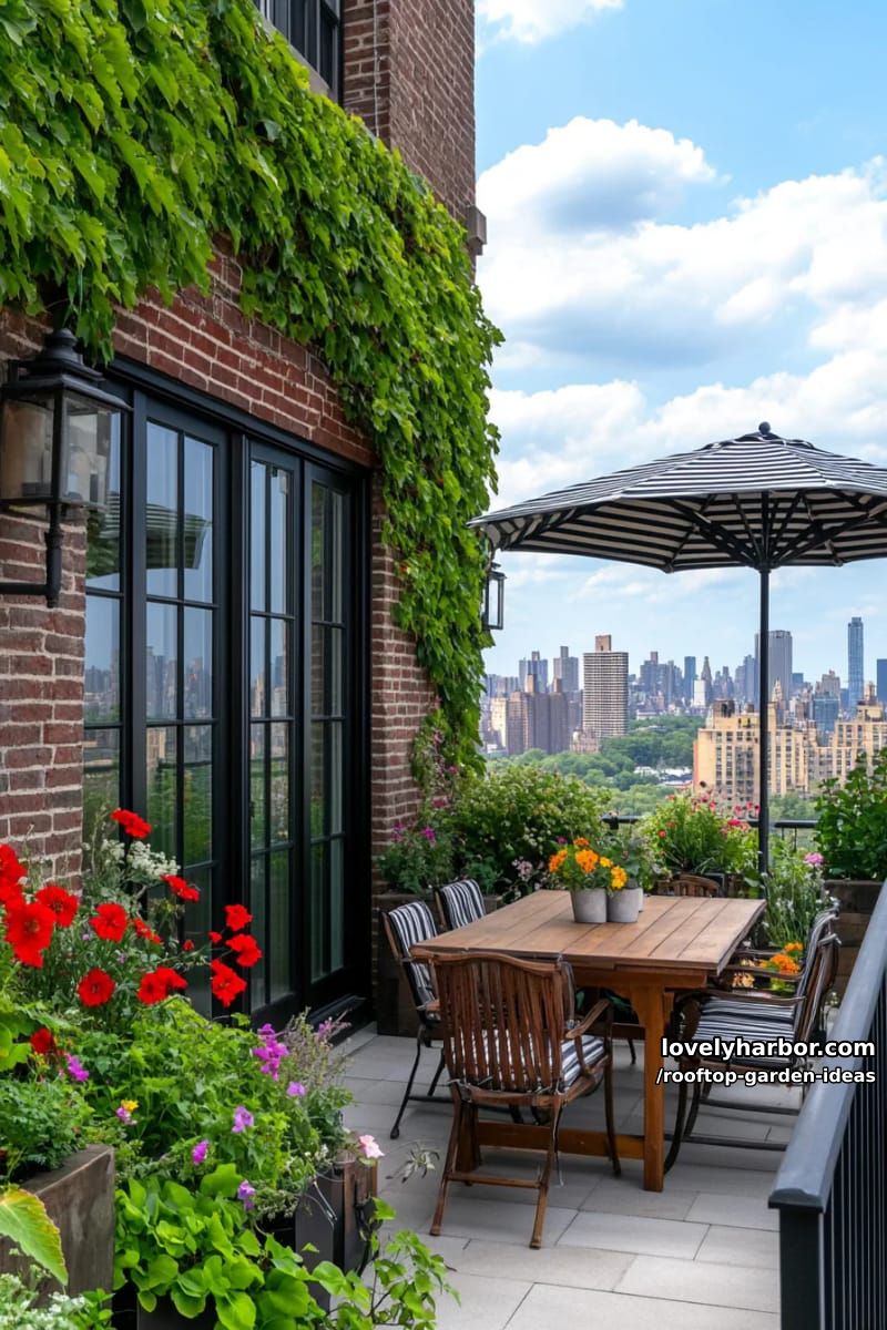vibrant rooftop garden with overflowing planters, striped umbrella, and outdoor lounge. 1