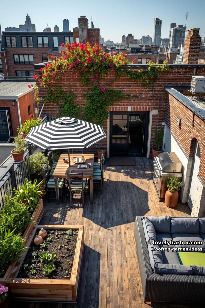 vibrant rooftop garden with overflowing planters, striped umbrella, and outdoor lounge. 1