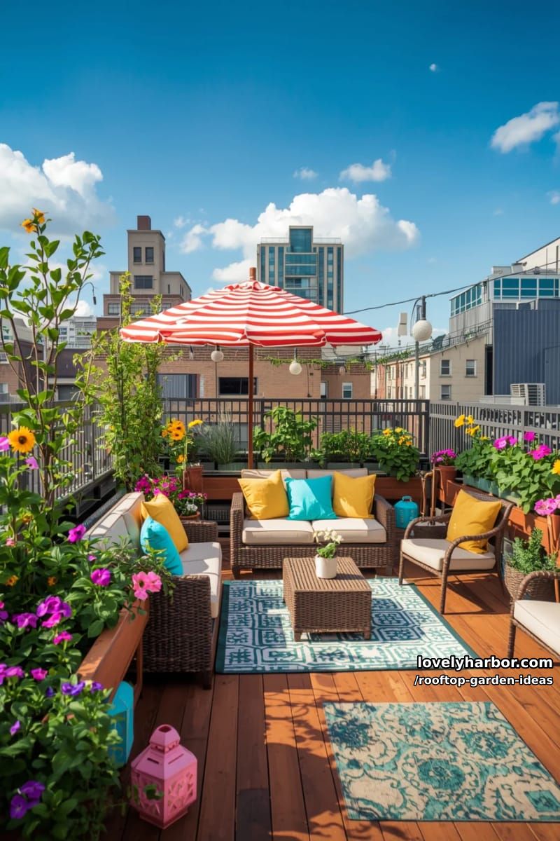 vibrant rooftop garden with overflowing planters, striped umbrella, and outdoor lounge. 1