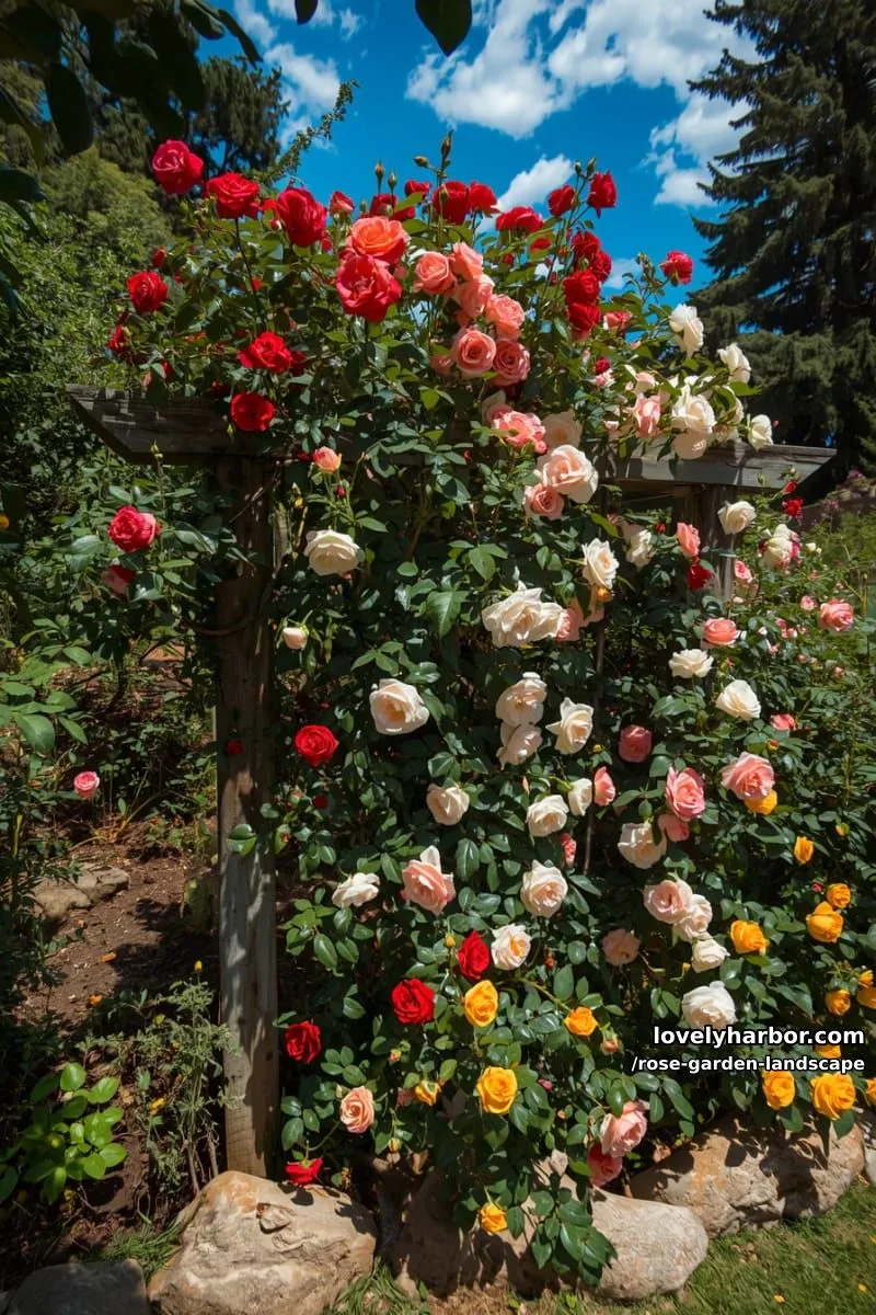 vibrant rose garden with multicolored blooms, rocks, and blue sky. 1