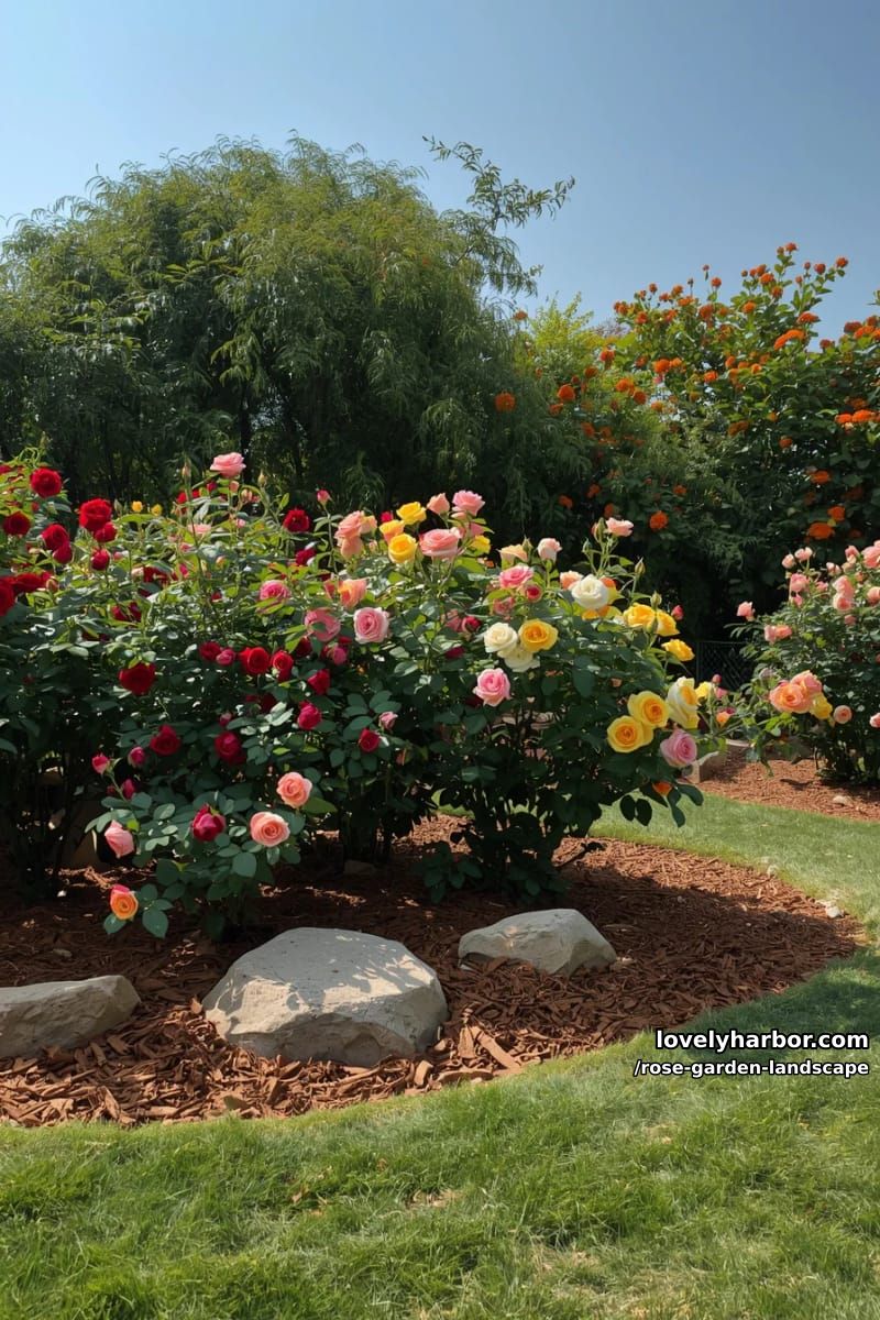 20 Rose Garden Landscape Ideas with Heavenly Charm 23 vibrant rose garden with multicolored blooms, rocks, and blue sky. 1