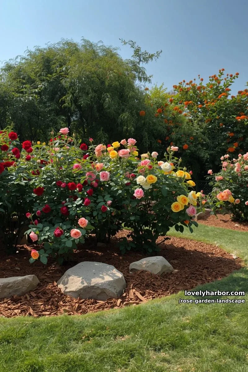 vibrant rose garden with multicolored blooms, rocks, and blue sky. 1
