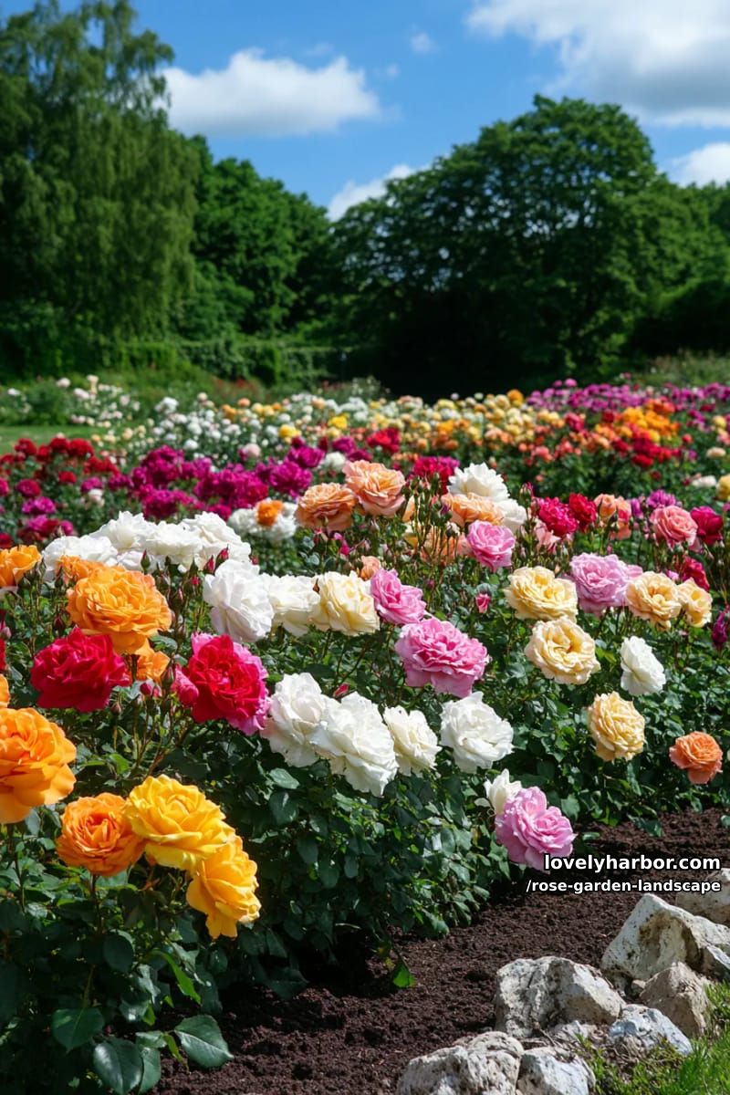 20 Rose Garden Landscape Ideas with Heavenly Charm 24 vibrant rose garden with multicolored blooms, rocks, and blue sky. 1