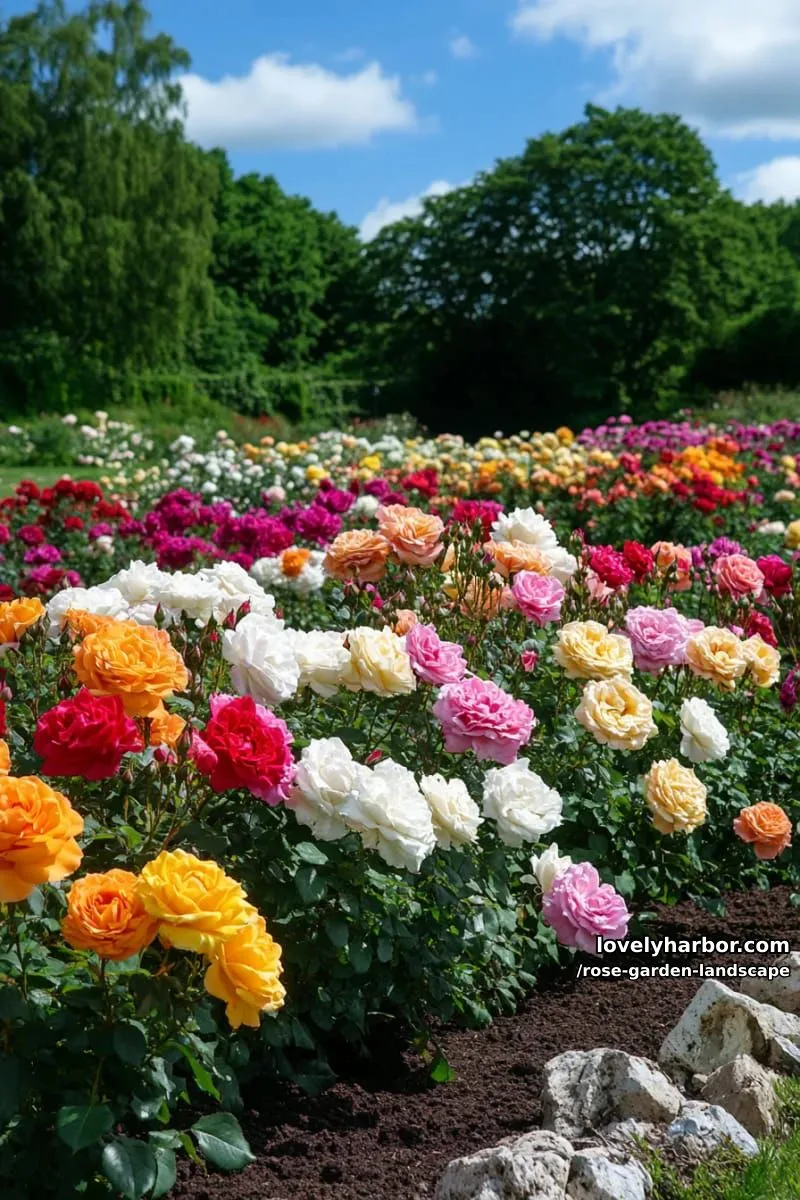 vibrant rose garden with multicolored blooms, rocks, and blue sky. 1