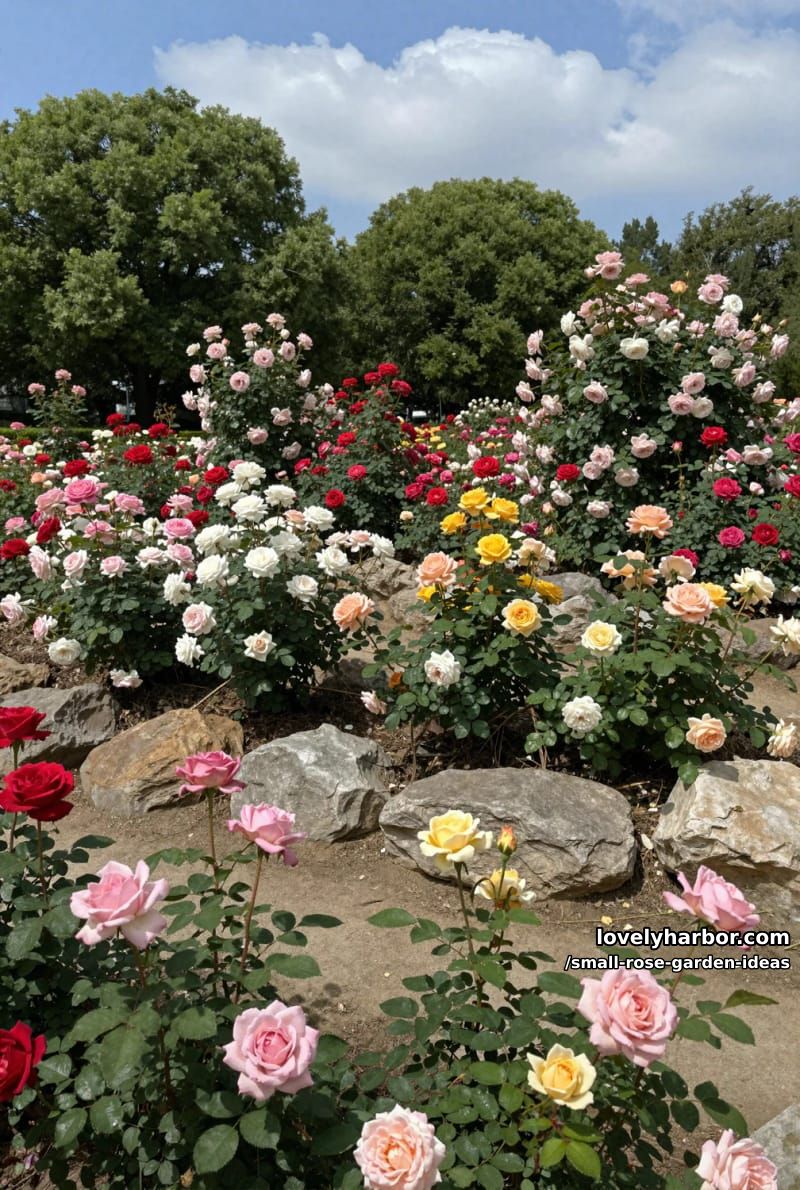 vibrant rose garden with multicolored roses and natural stone accents. 1