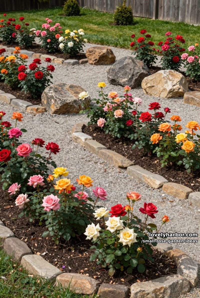 vibrant rose garden with multicolored roses and natural stone accents. 1