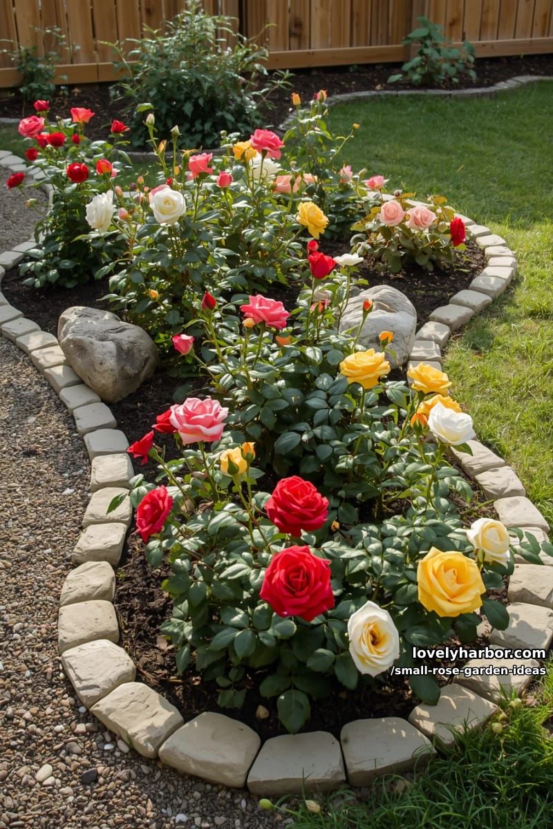 vibrant rose garden with multicolored roses and natural stone accents. 1