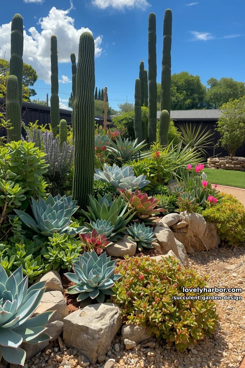 vibrant succulent garden with rosettes, agave, and colorful foliage. 4