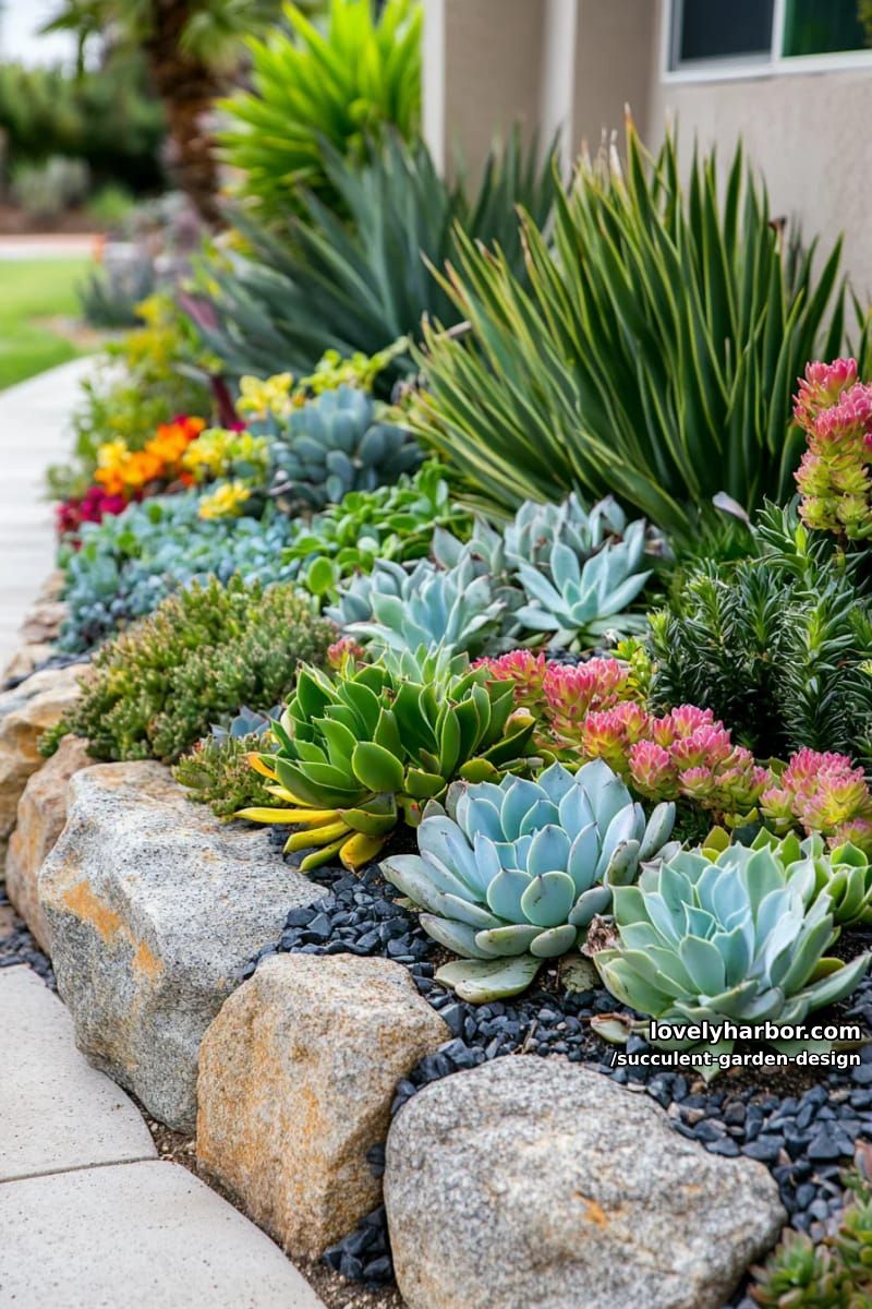 vibrant succulent garden with rosettes, agave, and colorful foliage. 1