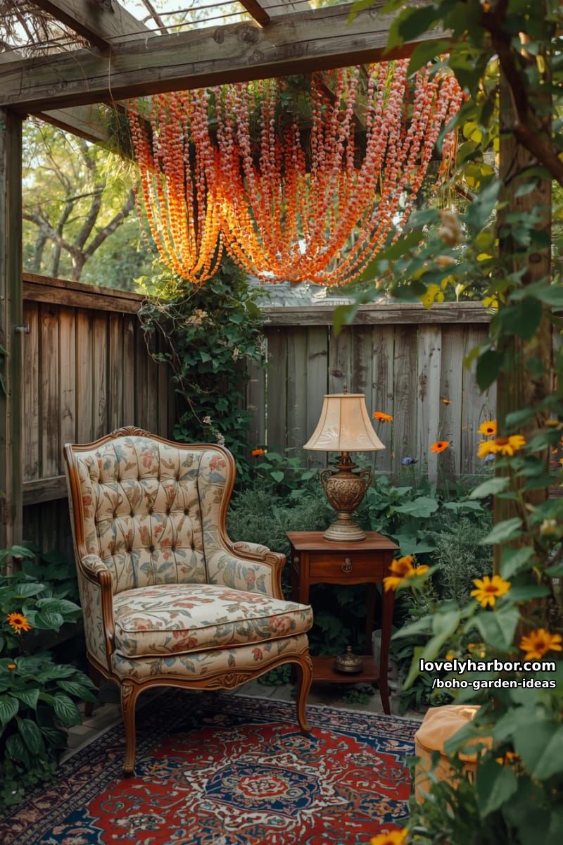 vintage armchair and oriental rug beneath bead-draped pergola in lush garden. 1