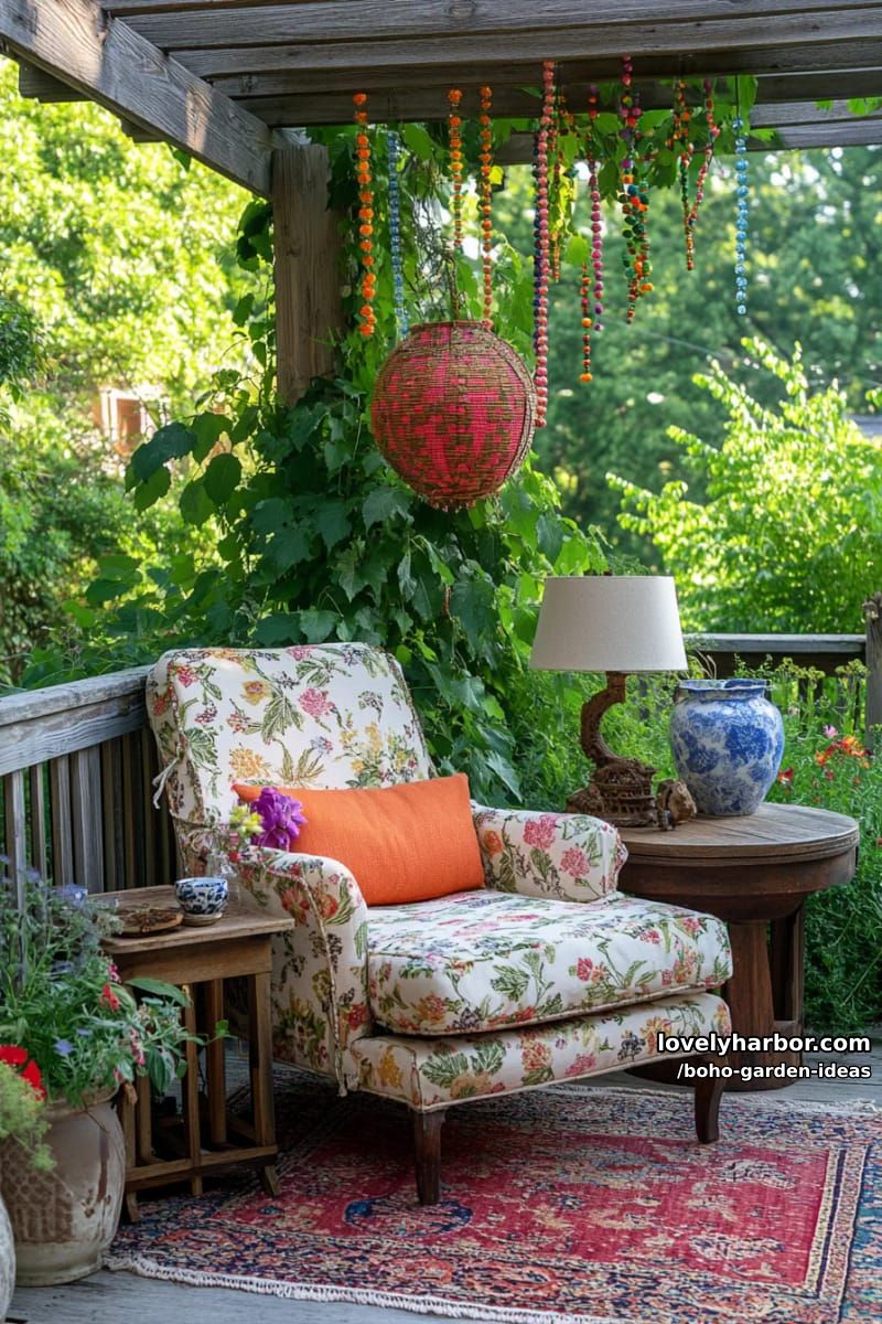 vintage armchair and oriental rug beneath bead-draped pergola in lush garden. 1