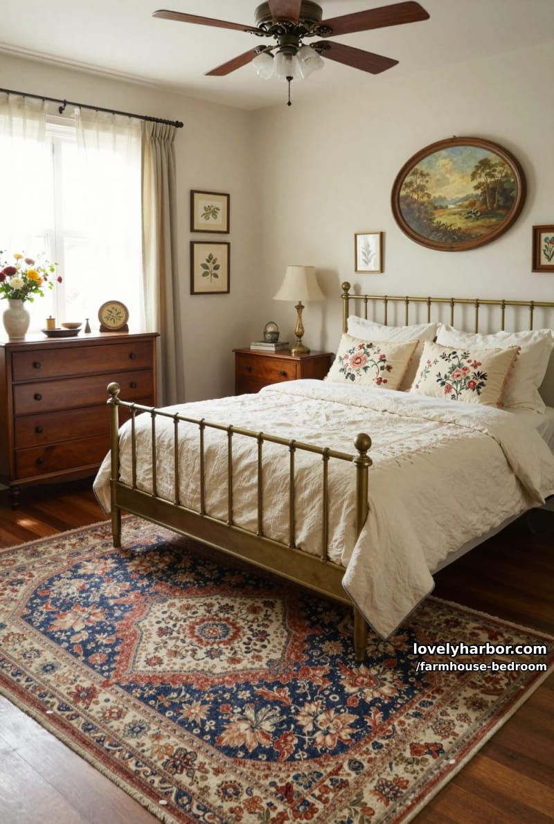 vintage bedroom with brass bed, floral pillows, patterned rug, and botanical prints. 1