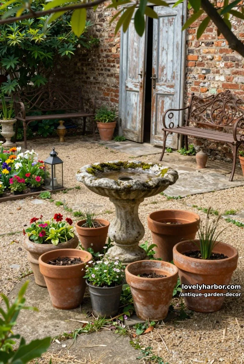 20 Antique Garden Decor Ideas for an Extraordinary Look 29 vintage garden with terracotta pots, bird bath, old doors, and classic accents. 1