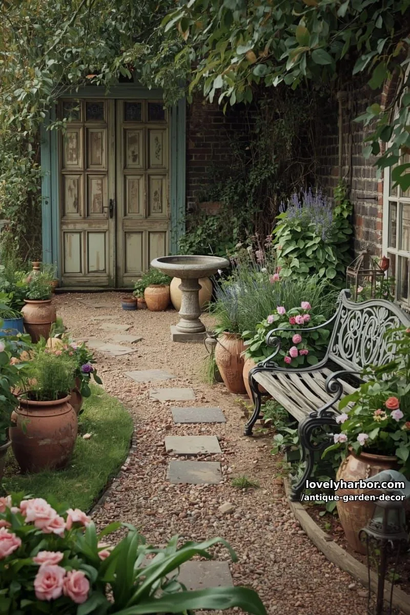 20 Antique Garden Decor Ideas for an Extraordinary Look 30 vintage garden with terracotta pots, bird bath, old doors, and classic accents. 1