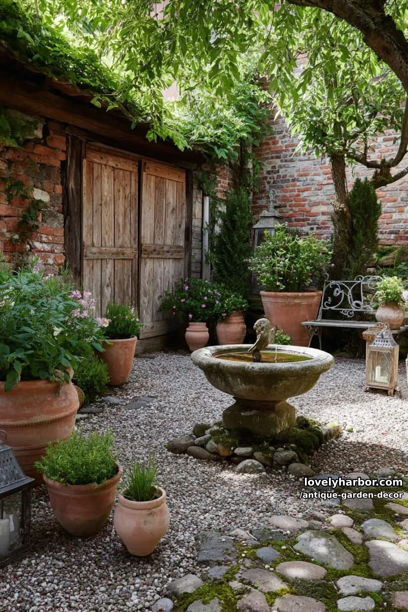 20 Antique Garden Decor Ideas for an Extraordinary Look 31 vintage garden with terracotta pots, bird bath, old doors, and classic accents. 1