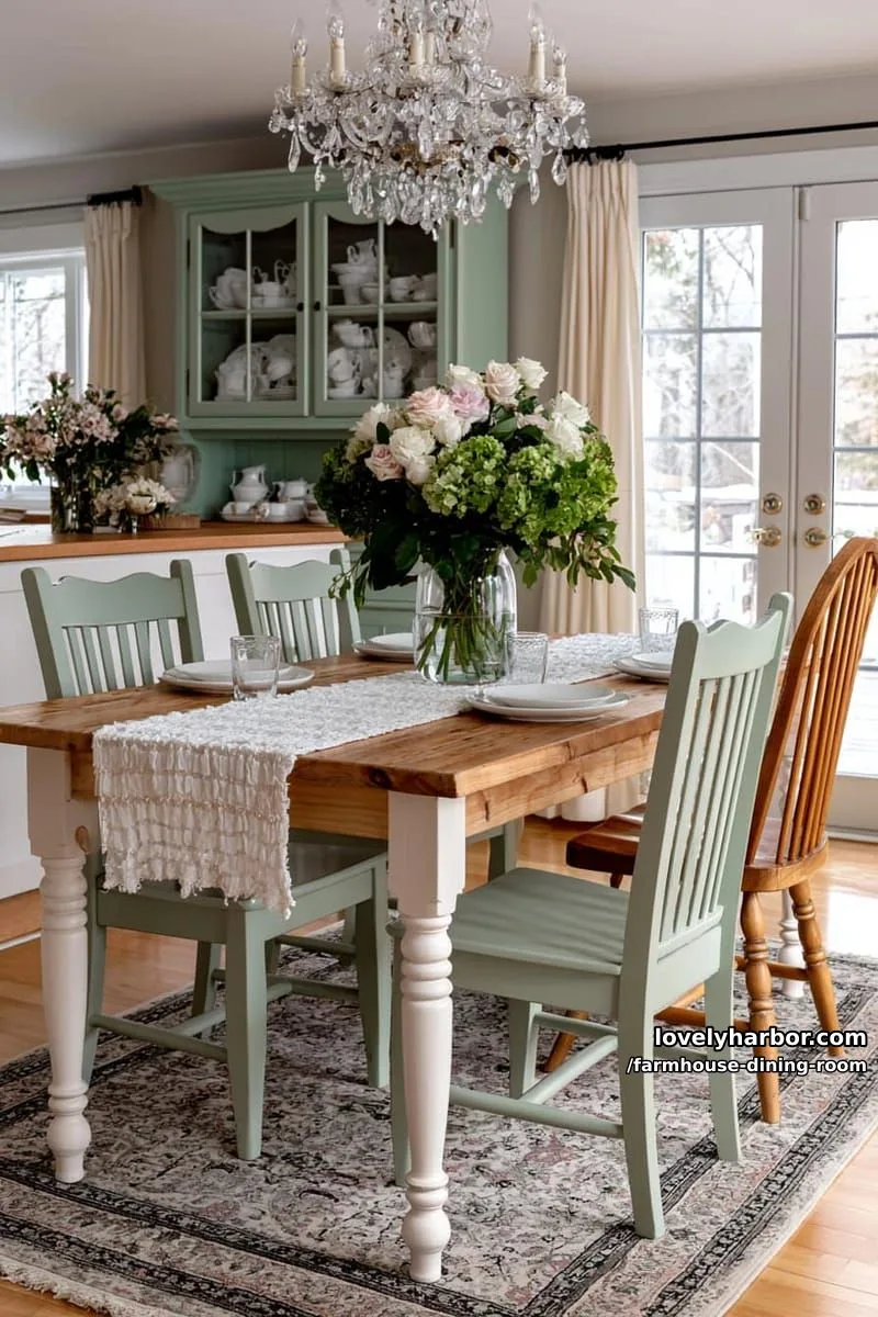 44 Rustic Farmhouse Dining Rooms to Inspire Your Space 23 vintage-inspired dining room with sage chairs, white legs, crystal chandelier, mint green hutch. 1