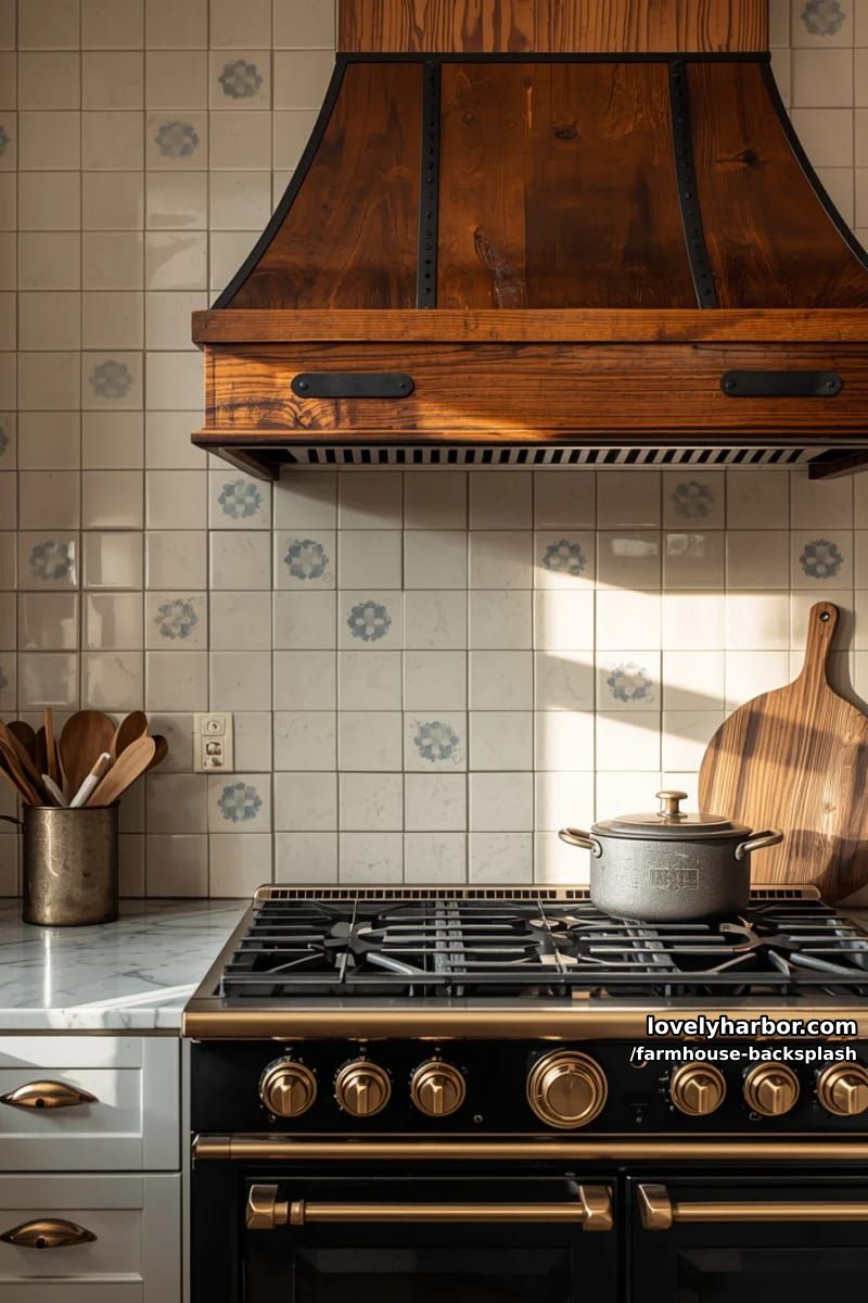 vintage kitchen with black and brass stove, patterned tile, and floating shelf. 1
