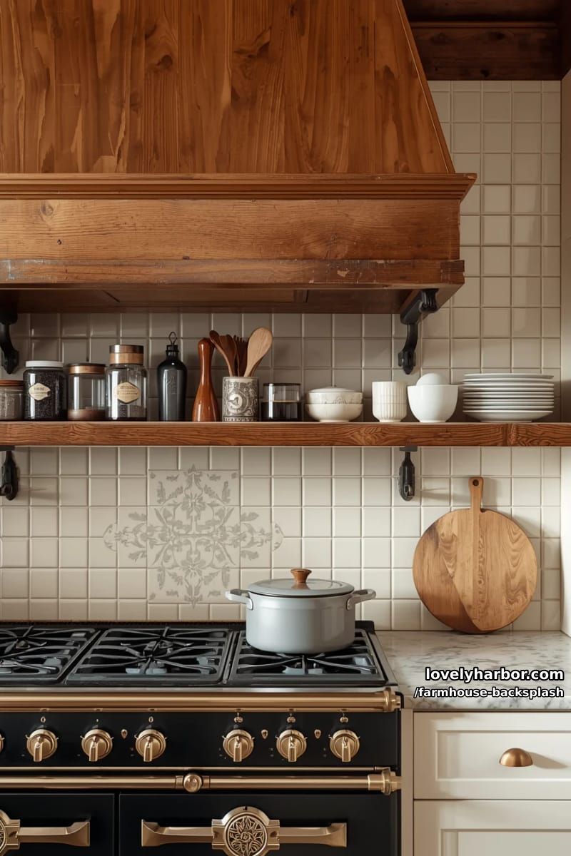 vintage kitchen with black and brass stove, patterned tile, and floating shelf. 1