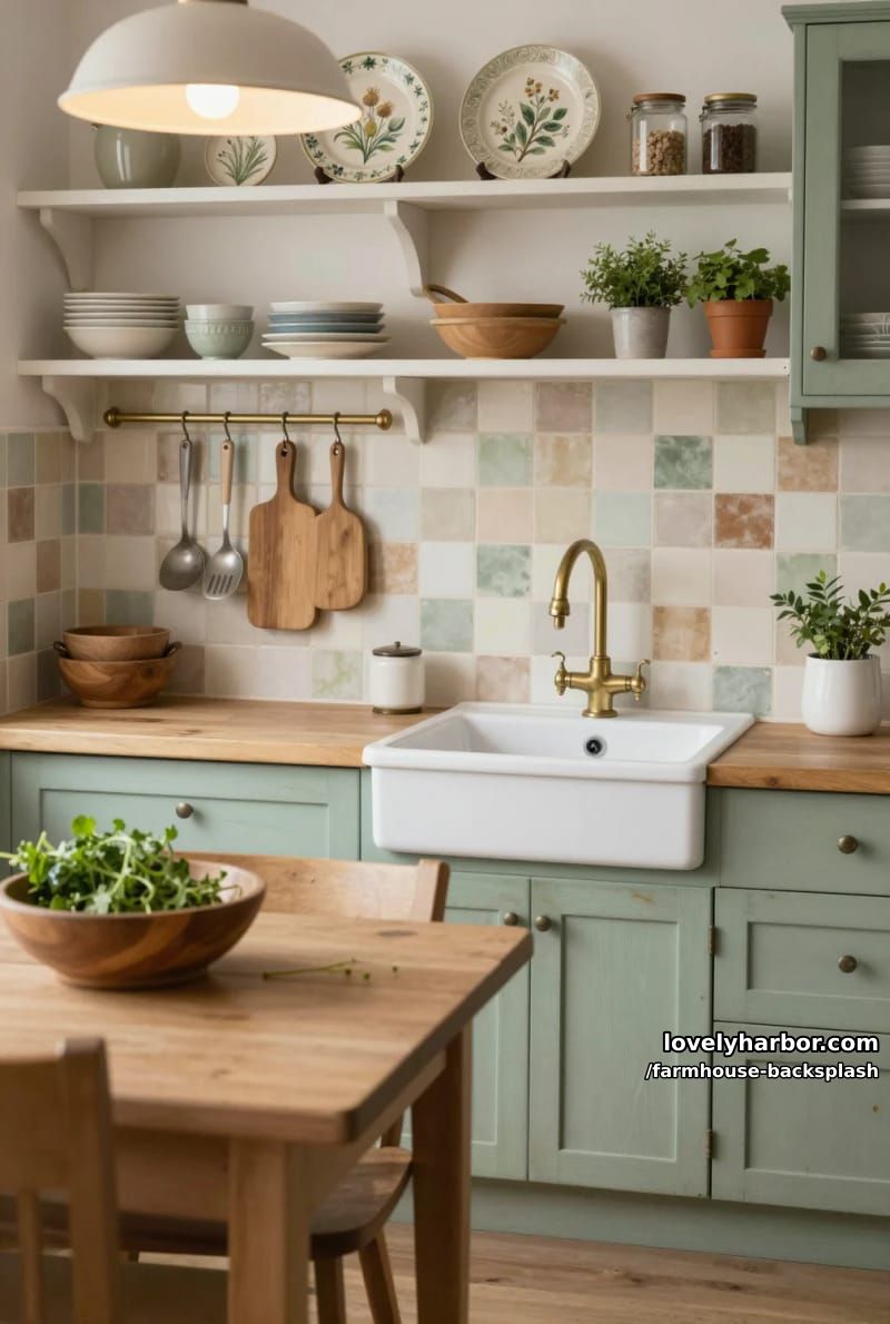 vintage kitchen with sage cabinets, pastel tile backsplash, and open shelves. 1