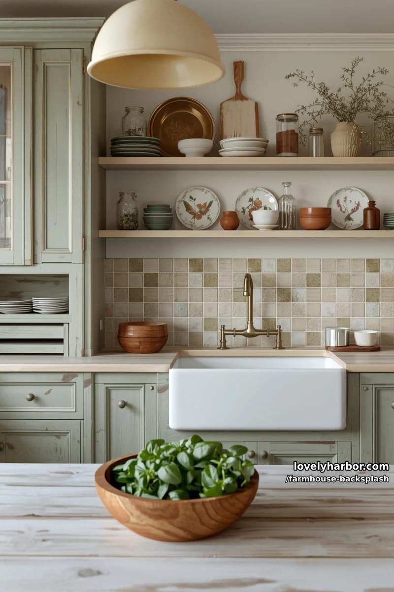 vintage kitchen with sage cabinets, pastel tile backsplash, and open shelves. 1