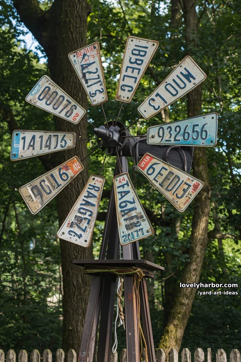 vintage license plate windmill mounted on a wooden post. 1