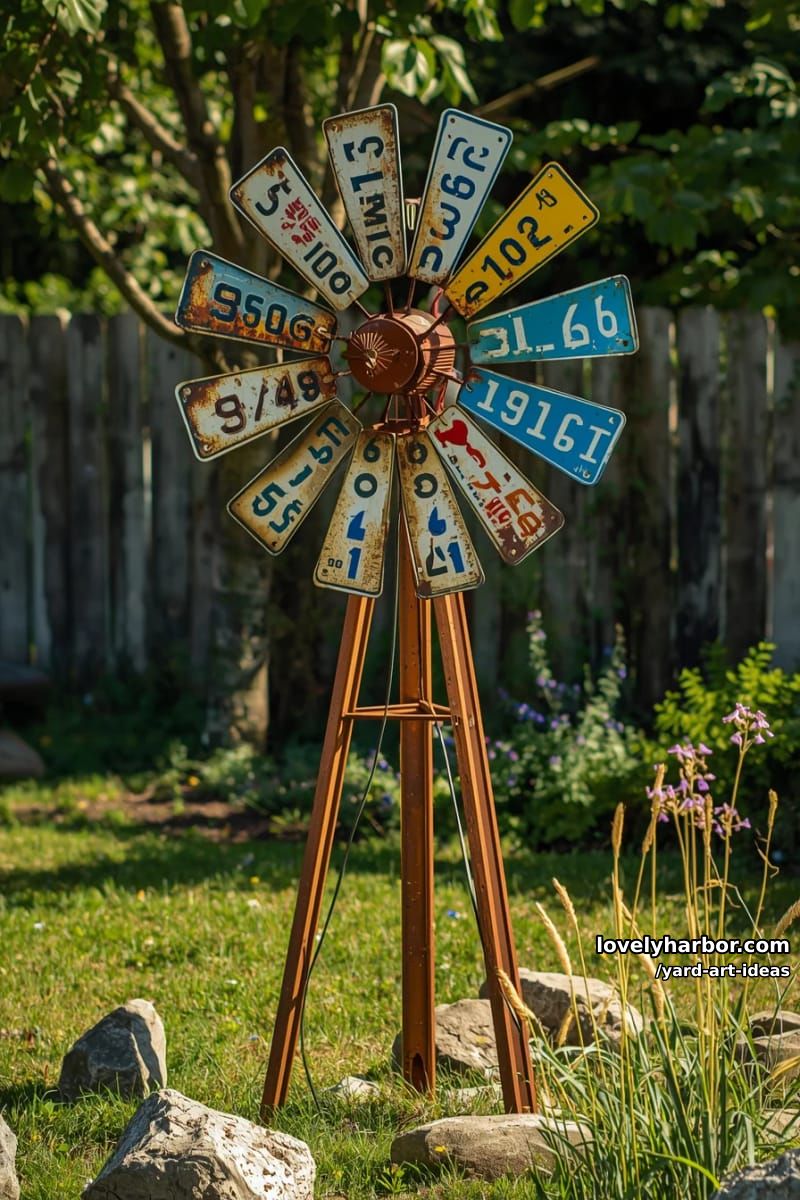 vintage license plate windmill mounted on a wooden post. 1
